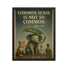 Voltaire quote common sense animal shelter rain inspiring poster framed print on a plain backdrop in size 16"x20".