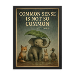 Voltaire quote common sense animal shelter rain inspiring poster framed print on a plain backdrop in size 18"x24".
