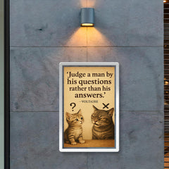 voltaire quote judge by questions curious kitten know it all cat poster 2
