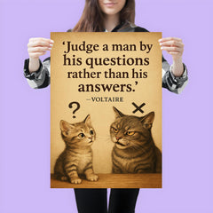 voltaire quote judge by questions curious kitten know it all cat poster 3