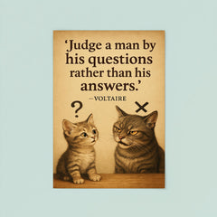 voltaire quote judge by questions curious kitten know it all cat poster 8