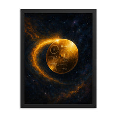 Voyager golden record drifting beyond heliopause framed print on a plain backdrop in size 18"x24".