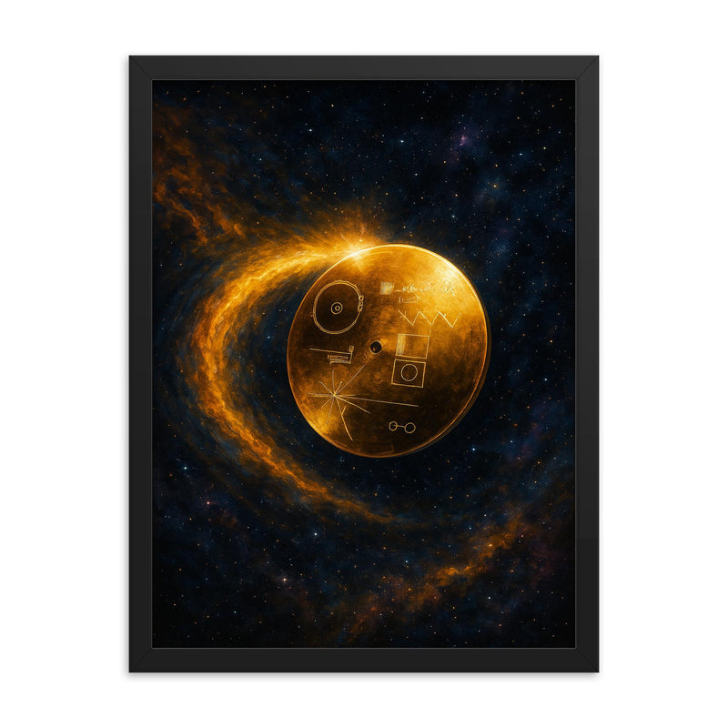 Voyager golden record drifting beyond heliopause framed print on a plain backdrop in size 18