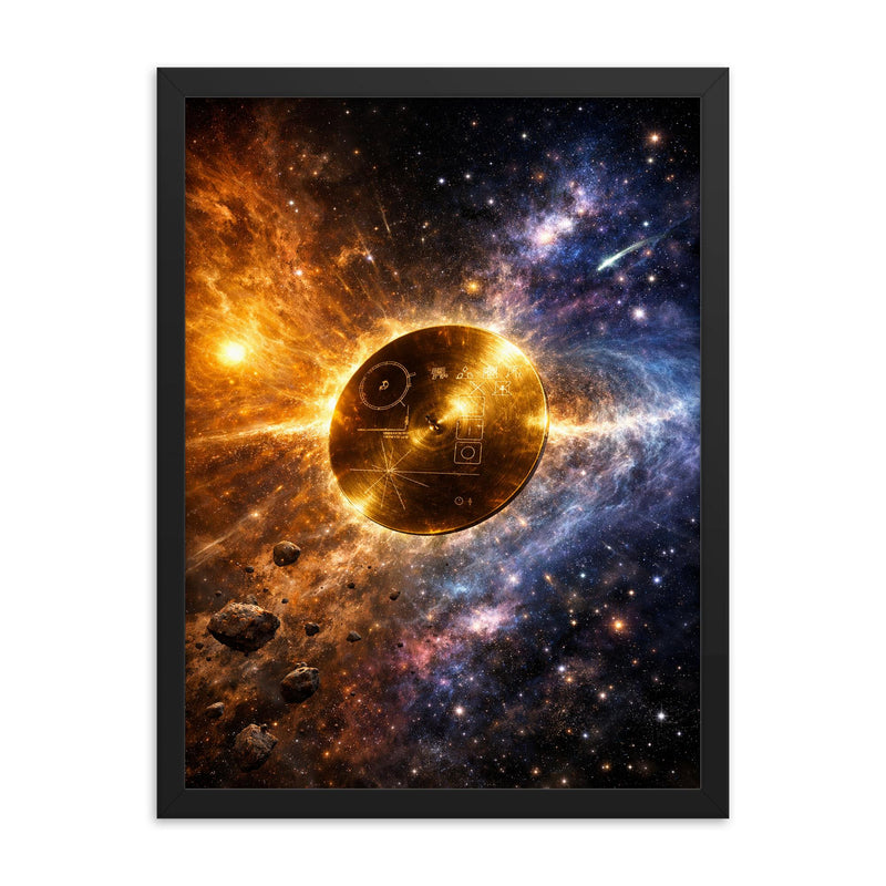 Voyager Golden Record drifting past heliopause framed print on a plain backdrop in size 18