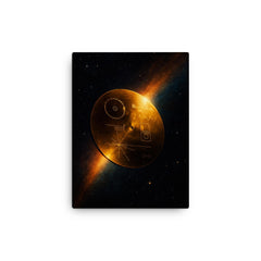 Voyager Golden Record drifting past heliopause glow canvas print on a plain backdrop in size 12"x16".