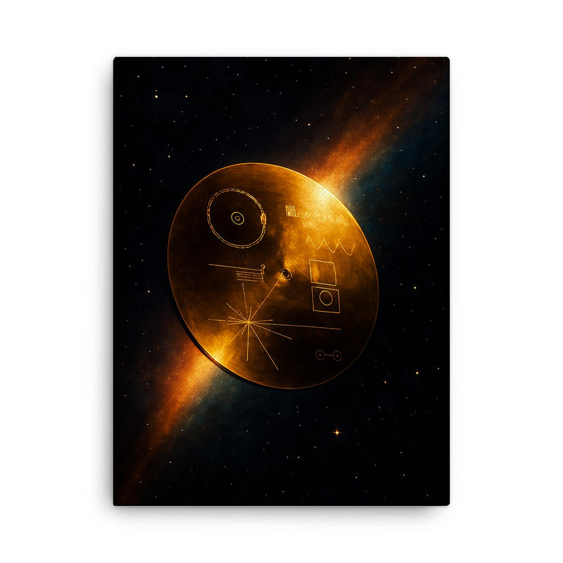 Voyager Golden Record drifting past heliopause glow canvas print on a plain backdrop in size 18