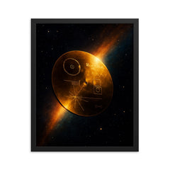 Voyager Golden Record drifting past heliopause glow framed print on a plain backdrop in size 16"x20".