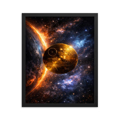 Voyager Golden Record drifting past heliopause glow framed print on a plain backdrop in size 16"x20".