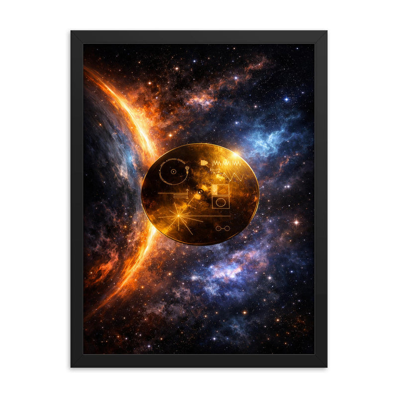 Voyager Golden Record drifting past heliopause glow framed print on a plain backdrop in size 18