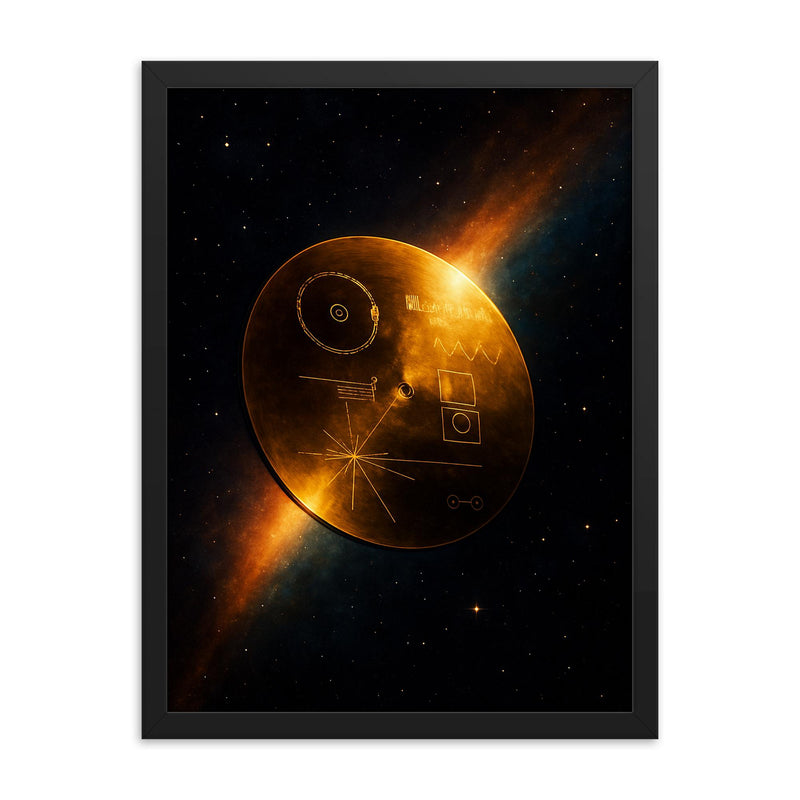 Voyager Golden Record drifting past heliopause glow framed print on a plain backdrop in size 18