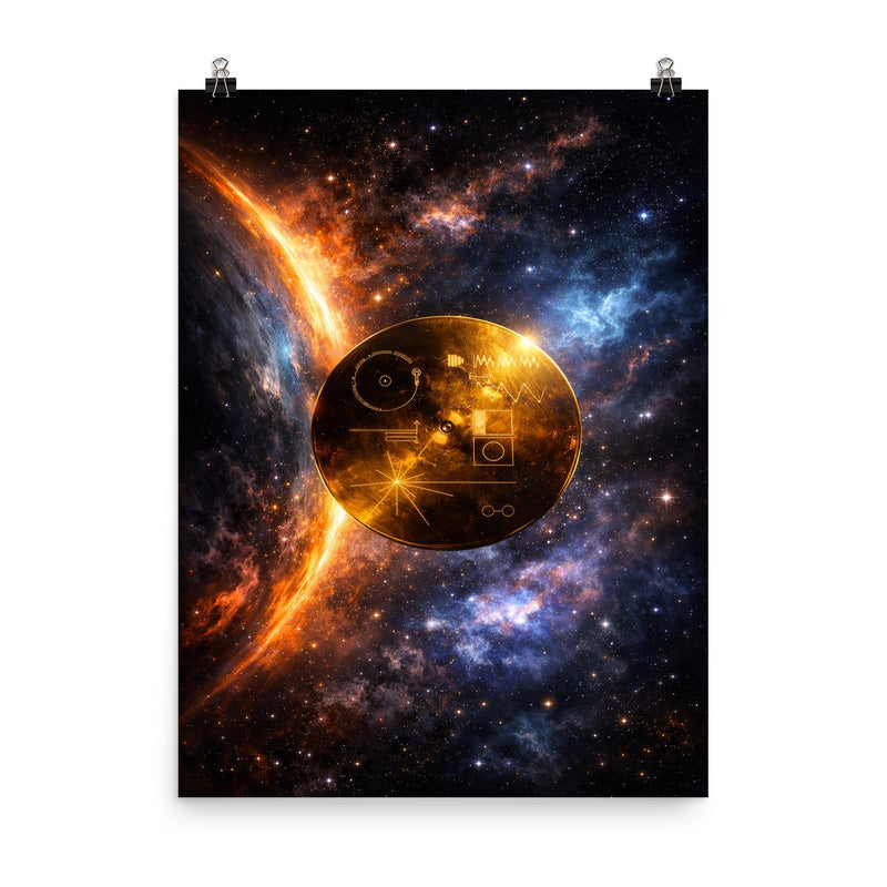 Voyager Golden Record drifting past heliopause glow poster on a plain backdrop in size 8