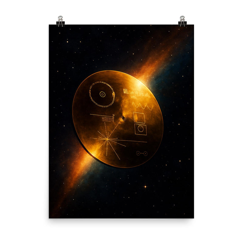 Voyager Golden Record drifting past heliopause glow poster on a plain backdrop in size 8