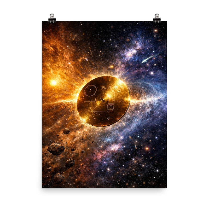 Voyager Golden Record drifting past heliopause poster on a plain backdrop in size 8
