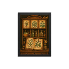 Voynich manuscript botanicals in alchemical cabinet framed print on a plain backdrop in size 12"x16".