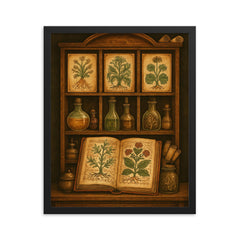 Voynich manuscript botanicals in alchemical cabinet framed print on a plain backdrop in size 16"x20".