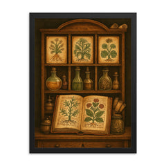 Voynich manuscript botanicals in alchemical cabinet framed print on a plain backdrop in size 18"x24".