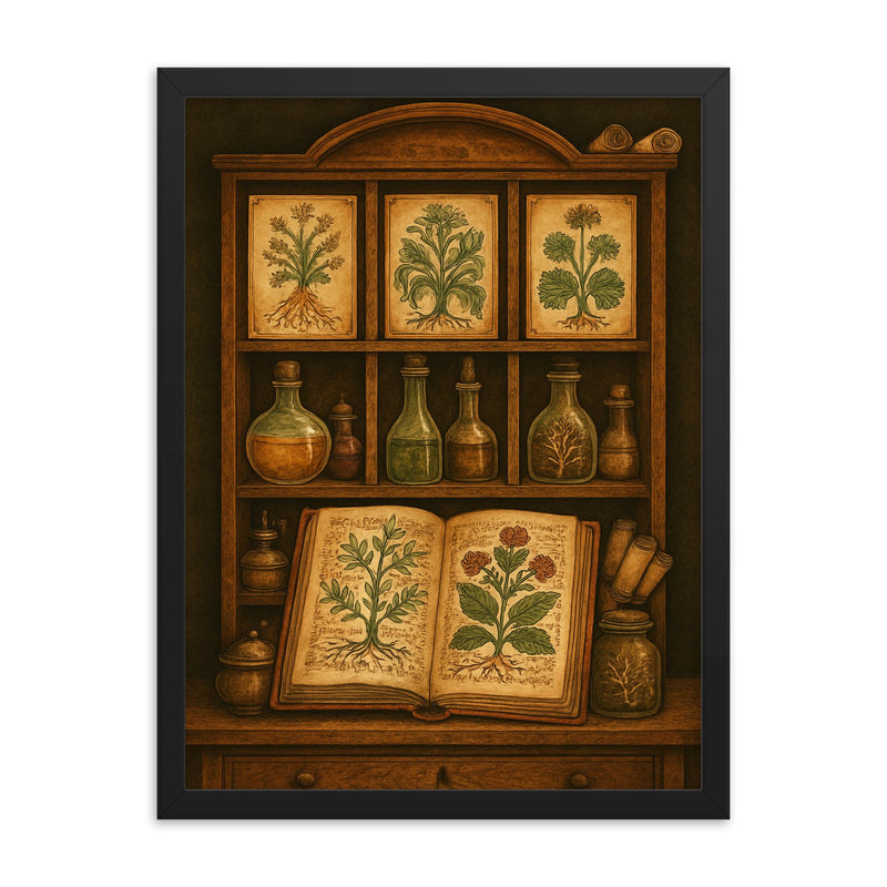 Voynich manuscript botanicals in alchemical cabinet framed print on a plain backdrop in size 18