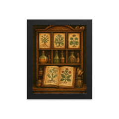 Voynich manuscript botanicals in alchemical cabinet framed print on a plain backdrop in size 8"x10".