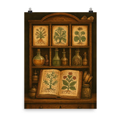 Voynich manuscript botanicals in alchemical cabinet poster on a plain backdrop in size 8"x10".