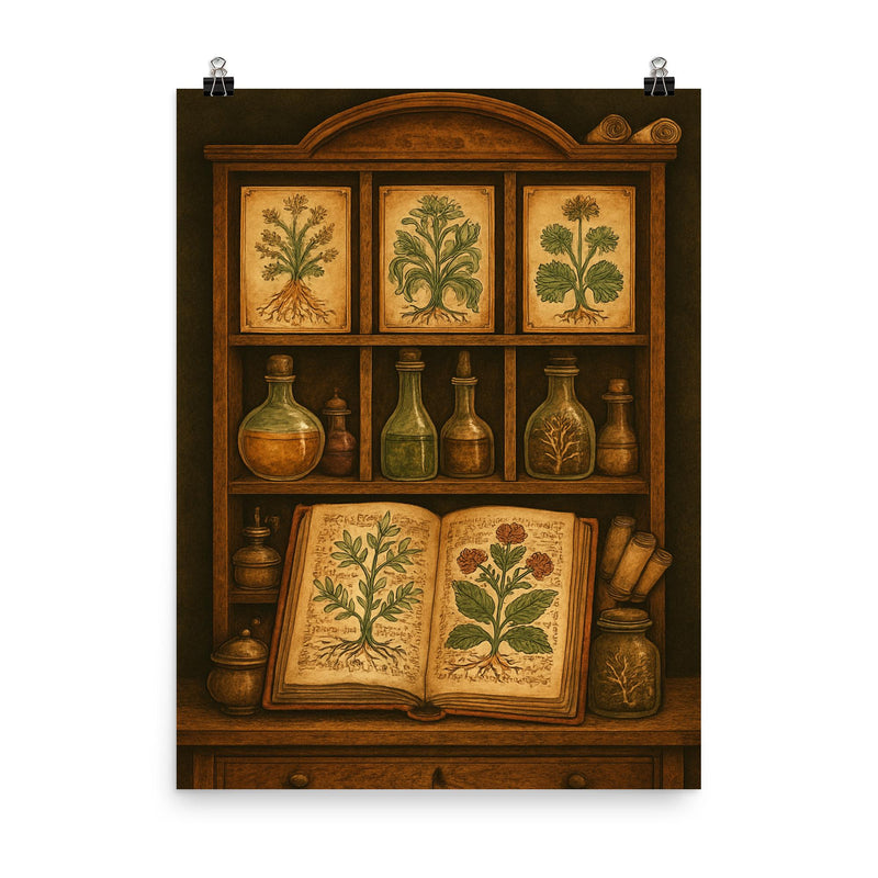 Voynich manuscript botanicals in alchemical cabinet poster on a plain backdrop in size 8