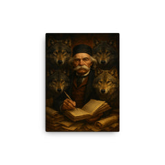 Vuk Karadzic among wolves and manuscripts canvas print on a plain backdrop in size 12"x16".