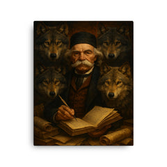 Vuk Karadzic among wolves and manuscripts canvas print on a plain backdrop in size 16"x20".