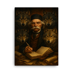 Vuk Karadzic among wolves and manuscripts canvas print on a plain backdrop in size 18"x24".