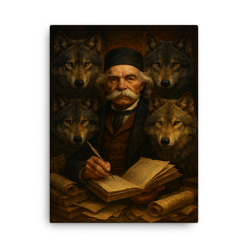Vuk Karadzic among wolves and manuscripts canvas print on a plain backdrop in size 18
