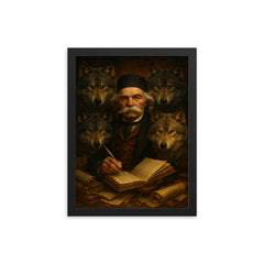 Vuk Karadzic among wolves and manuscripts framed print on a plain backdrop in size 12"x16".