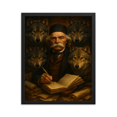Vuk Karadzic among wolves and manuscripts framed print on a plain backdrop in size 16"x20".