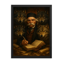 Vuk Karadzic among wolves and manuscripts framed print on a plain backdrop in size 18"x24".