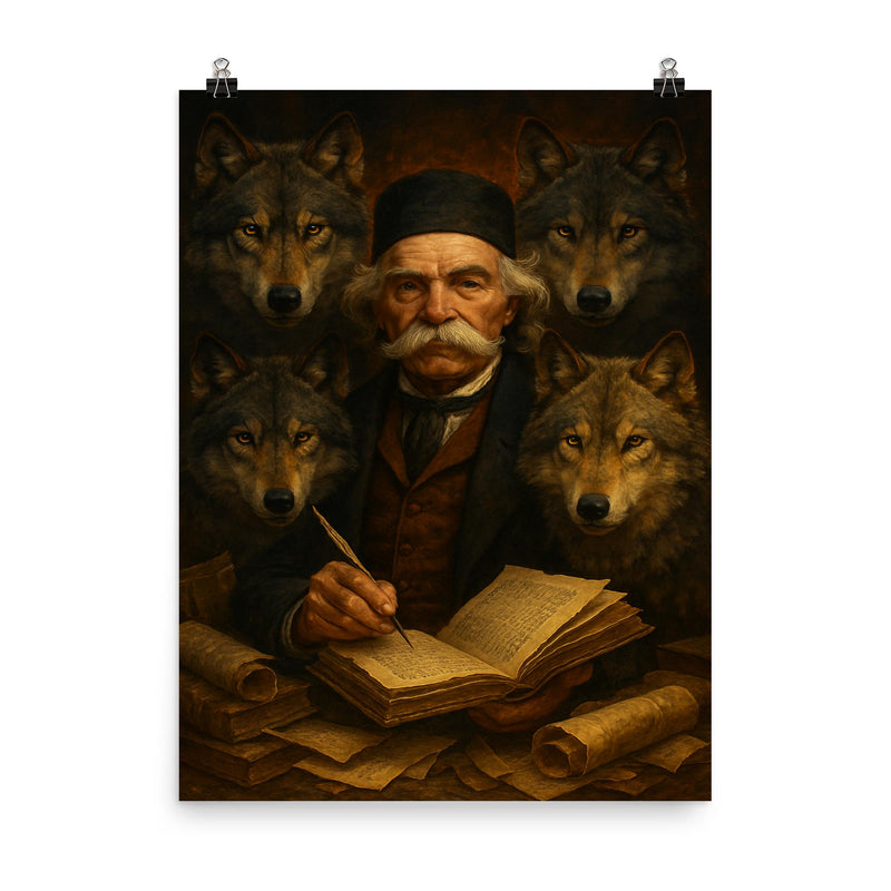 Vuk Karadzic among wolves and manuscripts poster on a plain backdrop in size 8