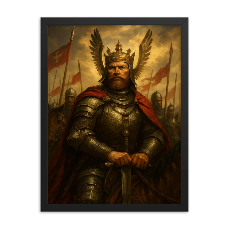 Vytautas the Great before Grunwald charge framed print on a plain backdrop in size 18