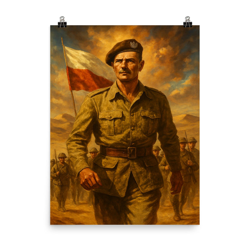 Władysław Anders leading troops from desert exile poster on a plain backdrop in size 8