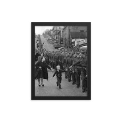 Wait for Me, Daddy - A Child Running to His Father, A Canadian Soldier, WWII, 1940 framed print on a plain backdrop in size 12"x16".