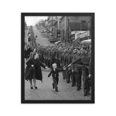 Wait for Me, Daddy - A Child Running to His Father, A Canadian Soldier, WWII, 1940 framed print on a plain backdrop in size 16"x20".