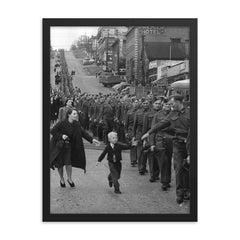 Wait for Me, Daddy - A Child Running to His Father, A Canadian Soldier, WWII, 1940 framed print on a plain backdrop in size 18"x24".