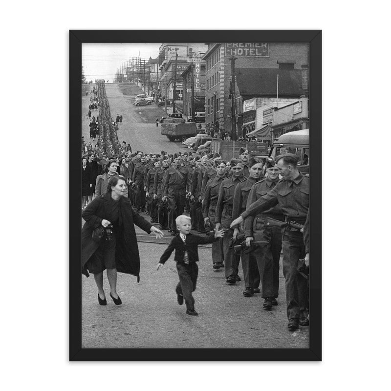 Wait for Me, Daddy - A Child Running to His Father, A Canadian Soldier, WWII, 1940 framed print on a plain backdrop in size 18