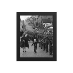 Wait for Me, Daddy - A Child Running to His Father, A Canadian Soldier, WWII, 1940 framed print on a plain backdrop in size 8"x10".