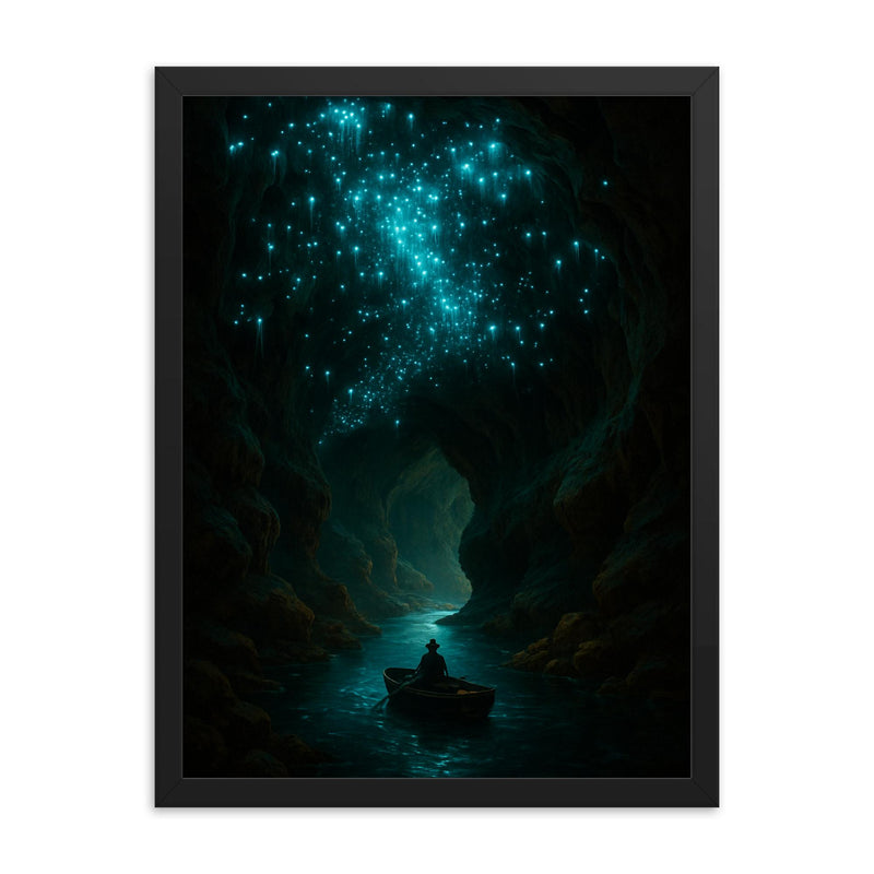 Waitomo Glowworm Caves New Zealand framed print on a plain backdrop in size 18