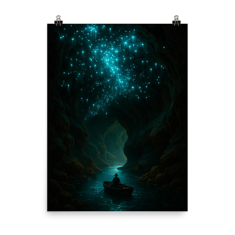 Waitomo Glowworm Caves New Zealand poster on a plain backdrop in size 8