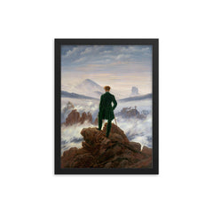 Wanderer Above the Sea of Fog by Caspar David Friedrich, 1818 framed print on a plain backdrop in size 12"x16".