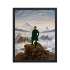 Wanderer Above the Sea of Fog by Caspar David Friedrich, 1818 framed print on a plain backdrop in size 16"x20".