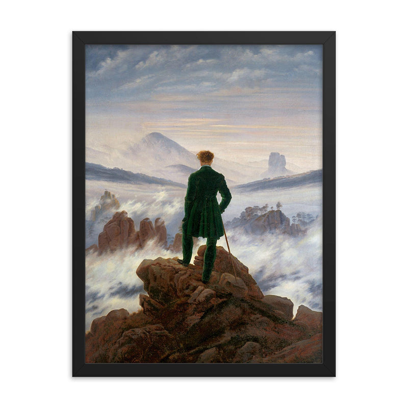 Wanderer Above the Sea of Fog by Caspar David Friedrich, 1818 framed print on a plain backdrop in size 18