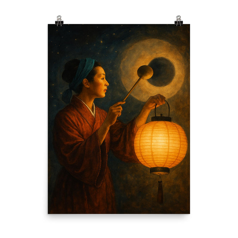 Wang Zhenyi explaining eclipses with lantern shadows poster on a plain backdrop in size 8