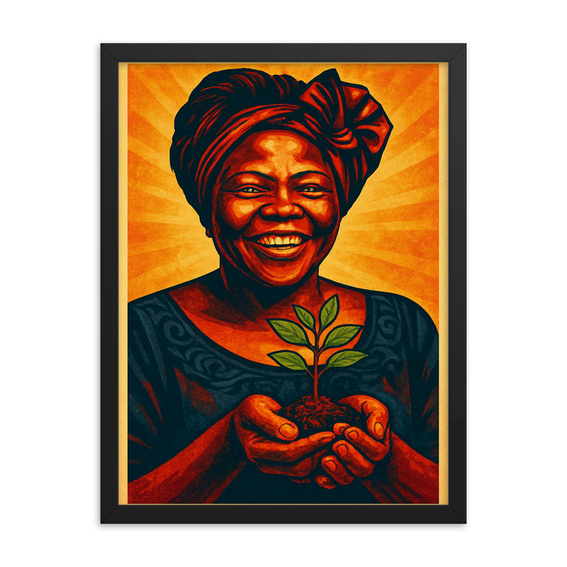 Wangari Maathai framed print on a plain backdrop in size 18