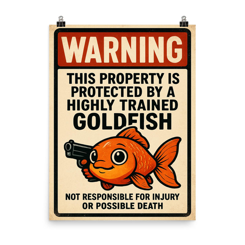 WARNING This property is protected by a highly trained goldfish poster on a plain backdrop in size 8