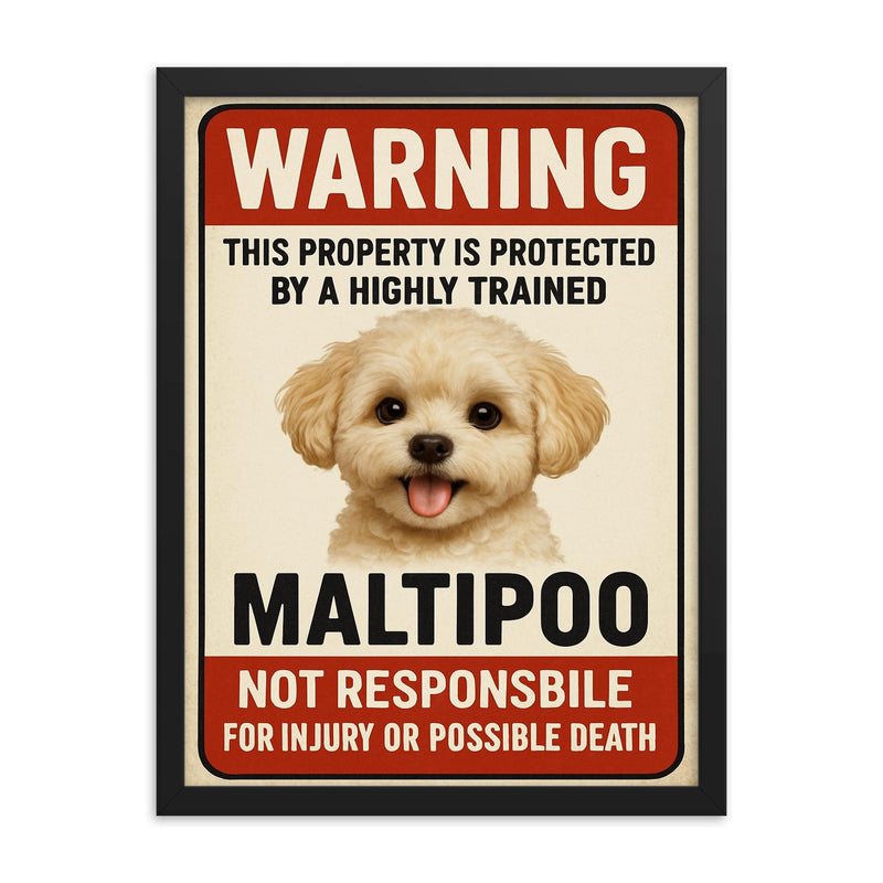 WARNING This property is protected by a highly trained Maltipoo framed print on a plain backdrop in size 18