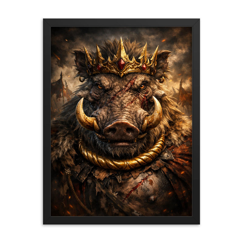 Warthog king with gold torque and scars framed print on a plain backdrop in size 18