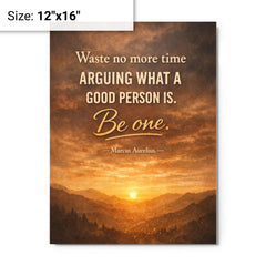 Waste no more time arguing what a good person is Be one Marcus Aurelius metal print on a plain backdrop in size 12"x16".
